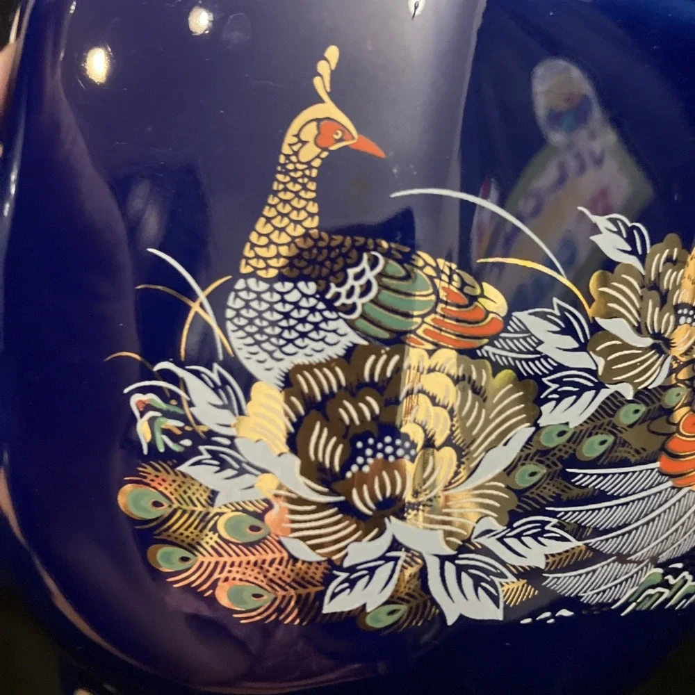 Cobalt Blue Porcelain Tea Pot Gold Trim Peacock Coffee Teapot Taiwan 4.5” W/ Lid